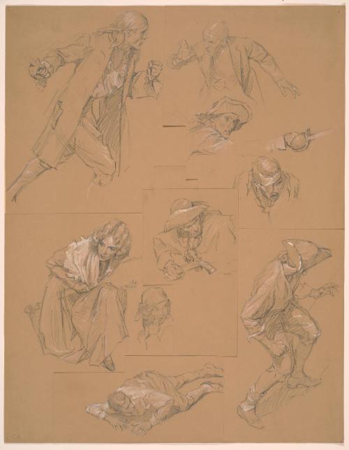 Studies of Pirates Fighting with Swords, Falling; Woman Kneeling, Facing Left