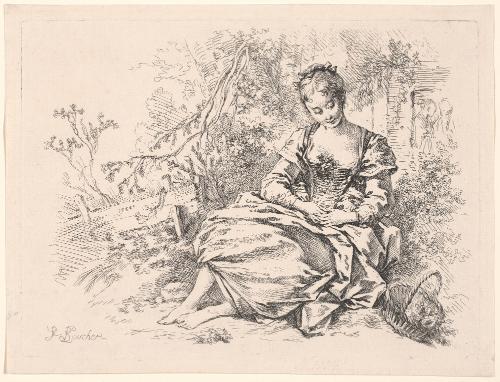 Pensive Girl (Jeune fille assise en meditation), plate 6 from Nouveau livre de diverses figures inventées et gravés en partie par François Boucher peintre du Roy