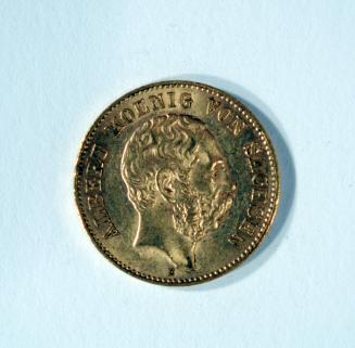 20 Mark Coin with Profile Portrait of King Albert of Sachsen (obverse) and Spread-winged Eagle with Crown and Banner Overhead (reverse)