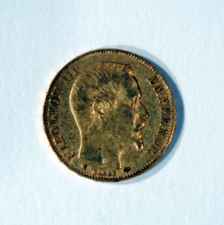 20 Franc Coin with Profile Portrait of Napoleon III (obverse) and Laurel Wreath (reverse)