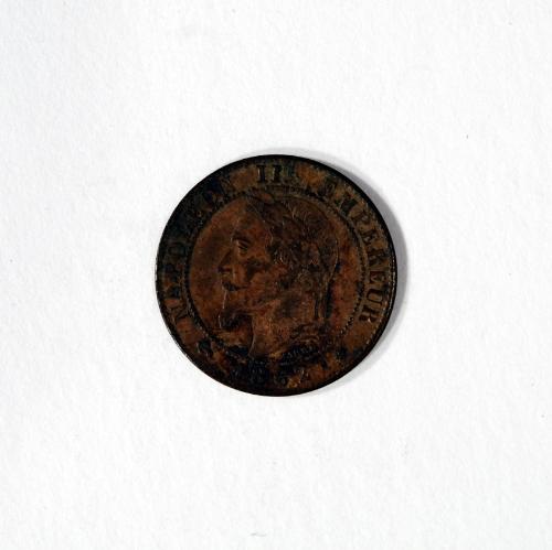 1 Centime Coin with Profile Portrait of Napoleon III (obverse) and Spread-winged Eagle Perched on Arrows (reverse)