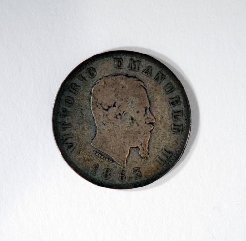 1 Lire Coin with Profile Portrait of King Victor Emmanuel II (obverse) and Laurel Sprigs (reverse)