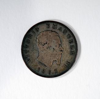 1 Lire Coin with Profile Portrait of King Victor Emmanuel II (obverse) and Laurel Sprigs (reverse)