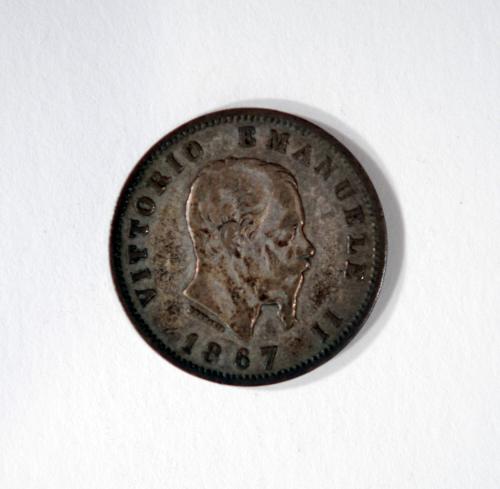 1 Lire Coin with Profile Portrait of King Victor Emmanuel II (obverse) and Shield with Crown and Laurel Wreath (reverse)