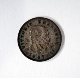 1 Lire Coin with Profile Portrait of King Victor Emmanuel II (obverse) and Shield with Crown and Laurel Wreath (reverse)