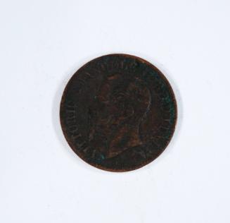 2 Centesimi Coin with Profile Portrait of King Victor Emmanuel II (obverse) and Wreath and Leaves with Star (reverse)