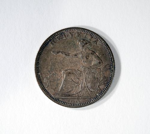1 Franc Coin with Image of Seated Woman Holding Shield (obverse) and Wreath (reverse)