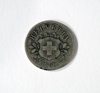 10 Centime? Coin with Swiss Coat of Arms Shield (obverse) and Oak Leaf Wreath with Bow (reverse)