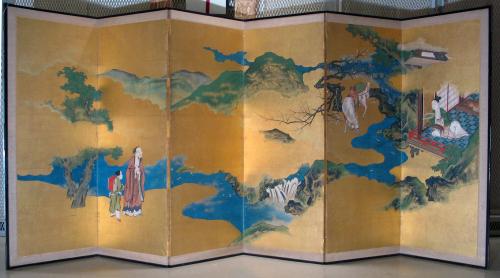 Folding screen with landscape including stream and a horse