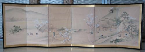 Folding screen decorated with houses along a riverbank and scenes of farming life