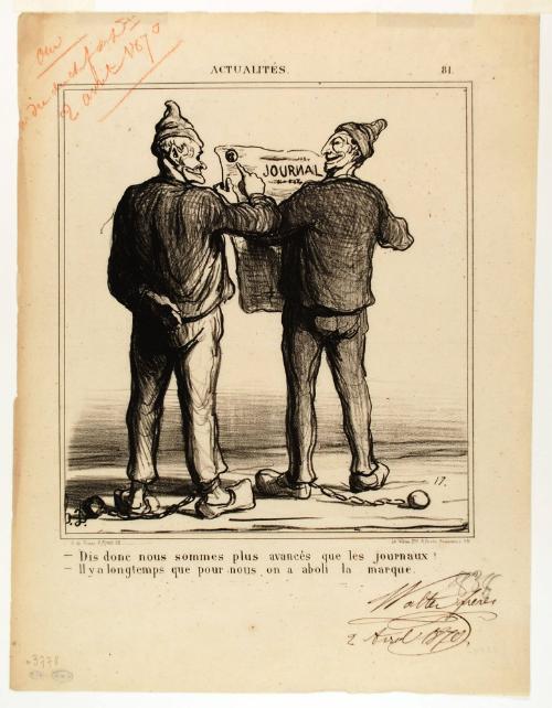 I say, we are more advanced than the newspapers! They stopped branding our kind long ago (Dis donc nous sommes plus avancés que les journaux! Il y a longtemps que pour nous on a aboli la marque), plate 81 from Actualités