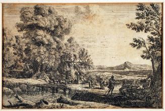 Rebecca and Eliezer taking leave of her father, Bethuel, set in a landscape, a large tree to the left