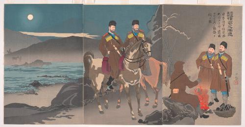The Gradual Advance of Scouts in the Righteous War to Chastise Russia: A Scouting Party of the Japanese Army Observing the Movement of the Russian Cossack Soldiers across the Taedong River