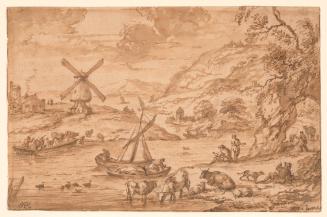 River scene with boats, a windmill, and a natural arch