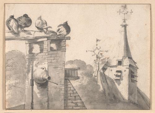 Pigeons on a Chimney and a Nest of Storks by a Steeple