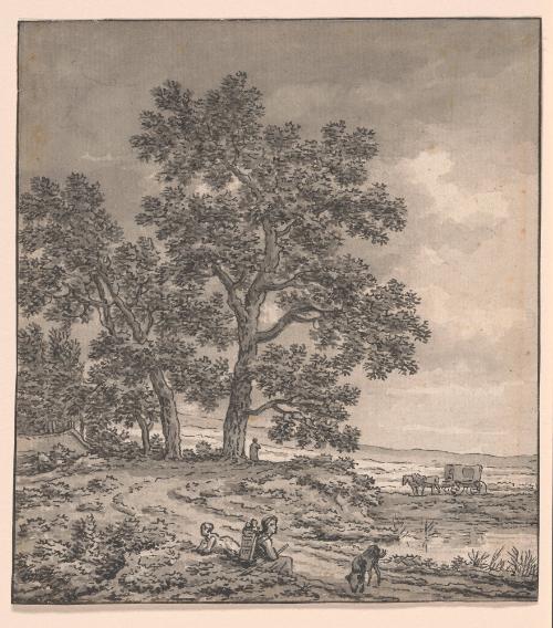 Travelers on a road near a pond and oak trees
