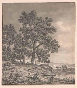 Travelers on a road near a pond and oak trees