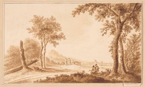 Herdsman by a road in a wooded lanscape with a lake beyond