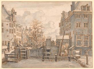 A view of the Kleine Haarlemmersluis in winter with the Martelaarsgracht beyond, seen from the Nieuwezijds Voorburgwal