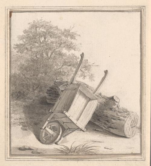 Study of a wheelbarrow in a wooded landscape