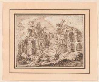 Ruins of Roman baths, with figures among rocks in the foreground