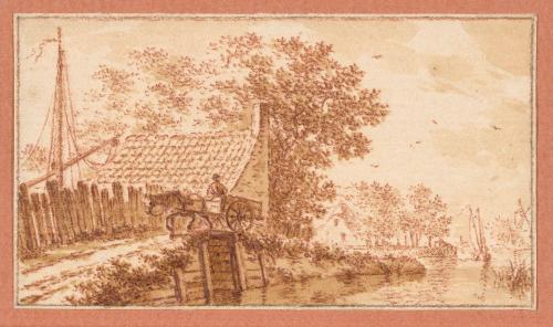 A Road Along a Canal with a Man in a Cart on a Bridge