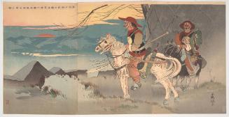 Foreign-looking Manchurian Horsemen on an Expedition to Observe the Japanese Camp in the Distance Near Sauhoku (Sôkakô fukin Nichijin enbô Manshû kihei isô shutsujin no zu)