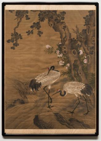 Two Cranes with River, Tree, and Roses