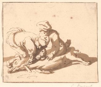 Two butchers slaughtering a pig