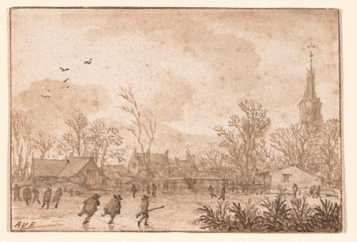 Winter scene with skaters and hunters