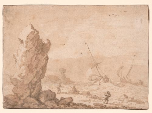 Rocky Coast with Boats on a Rough Sea