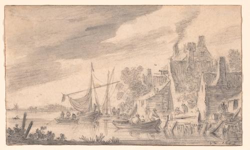 River Scene with Boats near a Jetty by a Tavern