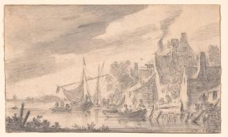 River Scene with Boats near a Jetty by a Tavern