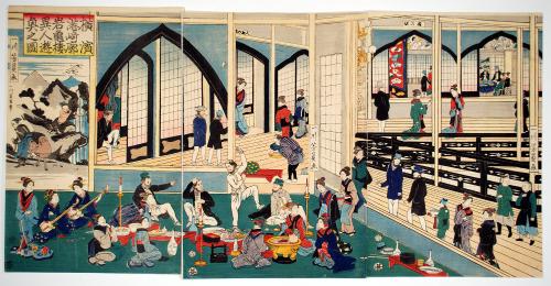 Foreigners Having a Party at the Gankirō Tea House in Miyozki, Yokohama