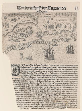 The Arrival of the Englishmen in Virginia, plate 2, from Thomas Harriot’s A Brief and True Report of the New Found Land of Virginia, German edition