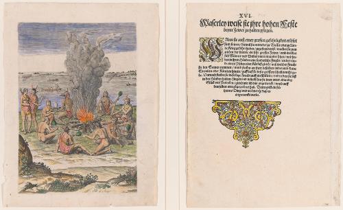The Manner of Praying with Rattles about the Fire, plate 16, from Thomas Harriot’s A Brief and True Report of the New Found Land of Virginia, German edition