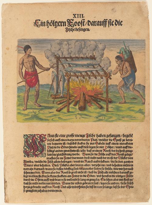 The Broiling of their Fish over the Flame, plate 13, from Thomas Harriot’s A Brief and True Report of the New Found Land of Virginia, German edition