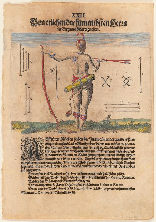 The Sundry Marks of the Chief Men of Virginia, plate 22, from Thomas Harriot’s A Brief and True Report of the New Found Land of Virginia, German edition