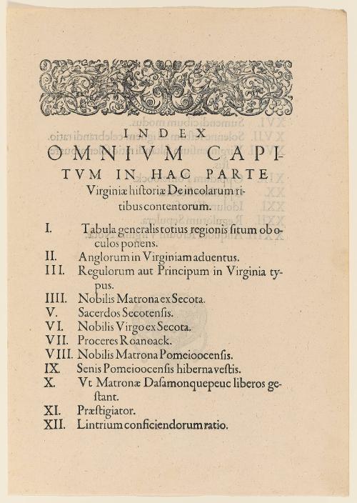 Table of Contents from Thomas Harriot’s A Brief and True Report of the New Found Land of Virginia, Latin edition