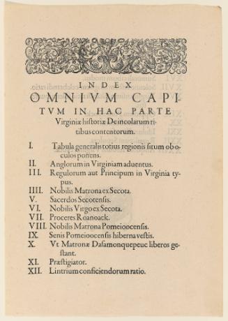 Table of Contents from Thomas Harriot’s A Brief and True Report of the New Found Land of Virginia, Latin edition