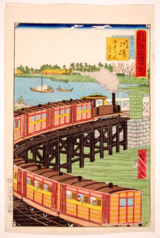 Steam Train Passing Over Rukugo River, Kawasaki, from the series Famous Places along Tōkai: Chronicle of the Renewed Japan