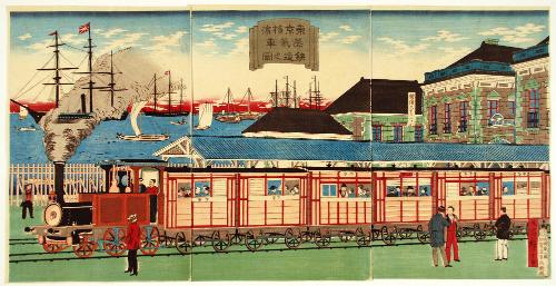 Illustration of the Steam Train Railroad between Tokyo and Yokohama