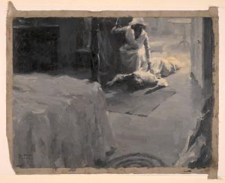 Nurse Kneels Beside Woman on Bedroom Floor; Illustration