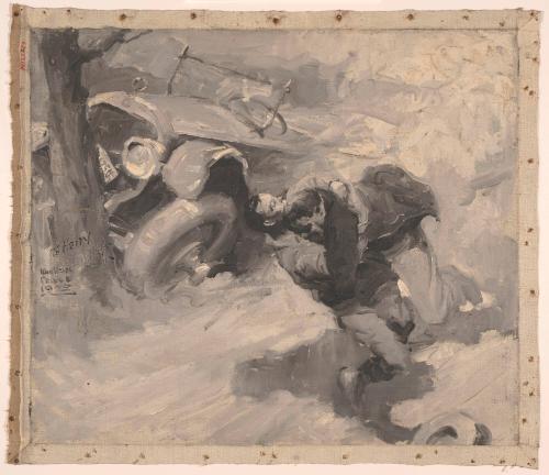 Two Men Fighting Beside Wrecked Car; Illustration