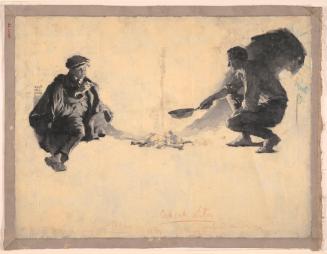 Boy Watches As Man Cooks Over Open Fire; Illustration