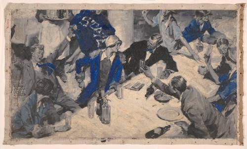 Revelers Seated Around Table; Illustration