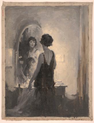 Woman Looking at Her Reflection in Mirror; Illustration