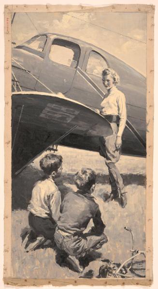Two Boys Watch Woman Who Stands Beside Airplane; Illustration