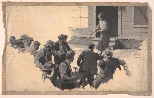 Young Woman Holds Off a Crowd of Men; Illustration