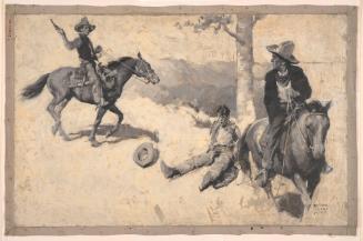 Two Cowboys on Horses, One Seated on Ground; Illustration